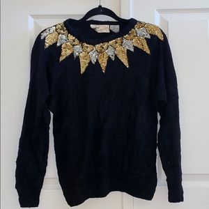 NWOT UO Holiday Gold and Silver Sequins Renewal Black Knit Sweater